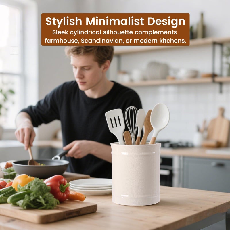 SZUAH Kitchen Utensil Holder, Larger Ceramic Utensil Crock for Kitchen Counter top & Dining Table (Cream, 5.9" x 5.9" x 6.7") - Image 4